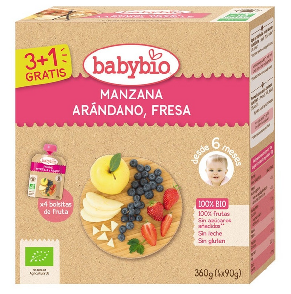 Babybio Pouche Manzana, Arándanos y Fresa Bio 4x90 gr
