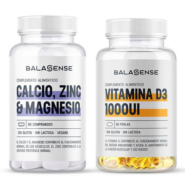 Balasense Calcio, Magnesio y Zinc 90 Comprimidos + Vitamina D3 Vegana 1000UI 90 Perlas