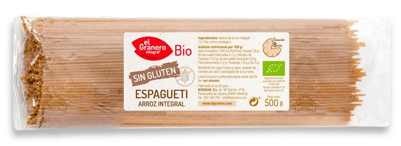 El Granero Integral Espaguetis de Arroz Integral Sin Gluten BIO 500 gr