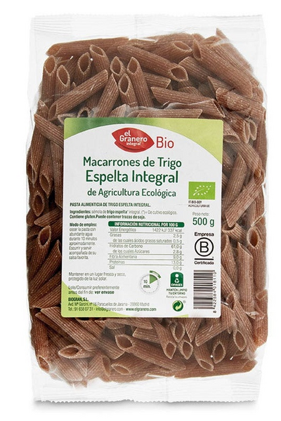 El Granero Integral Macarrones de Trigo Espelta Integral Bio 500 gr