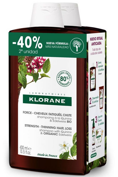 Klorane Champú Fortalecedor Quinina y Edelweiss Bio 2x400 ml