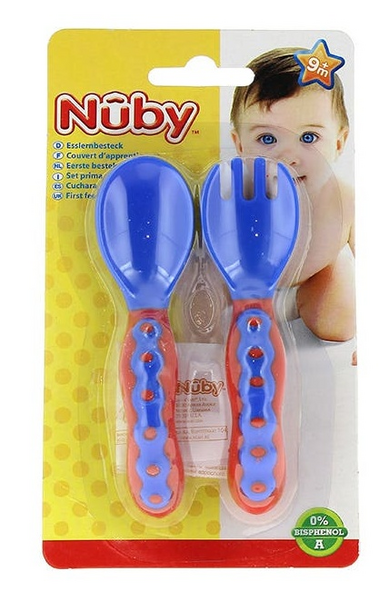 Nuby Cuchara y Tenedor Con Angulo +9m Azul