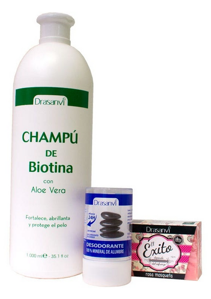 Pack Drasanvi Champú Biotina 1L+Desodorante+Jabon Rosa Mosqueta 100 gr