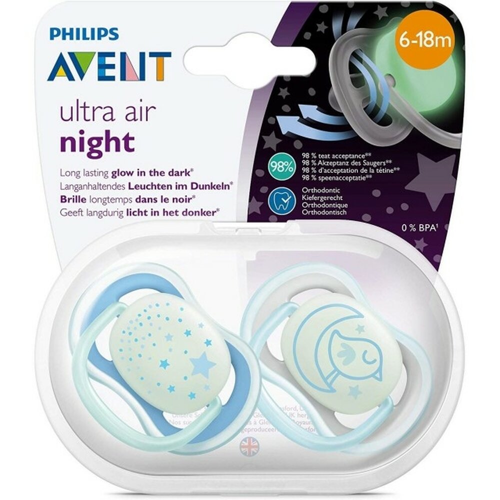 Avent Chupete Ultra Air Noche Azul 6-18 meses 2 unidades SCF 376/21